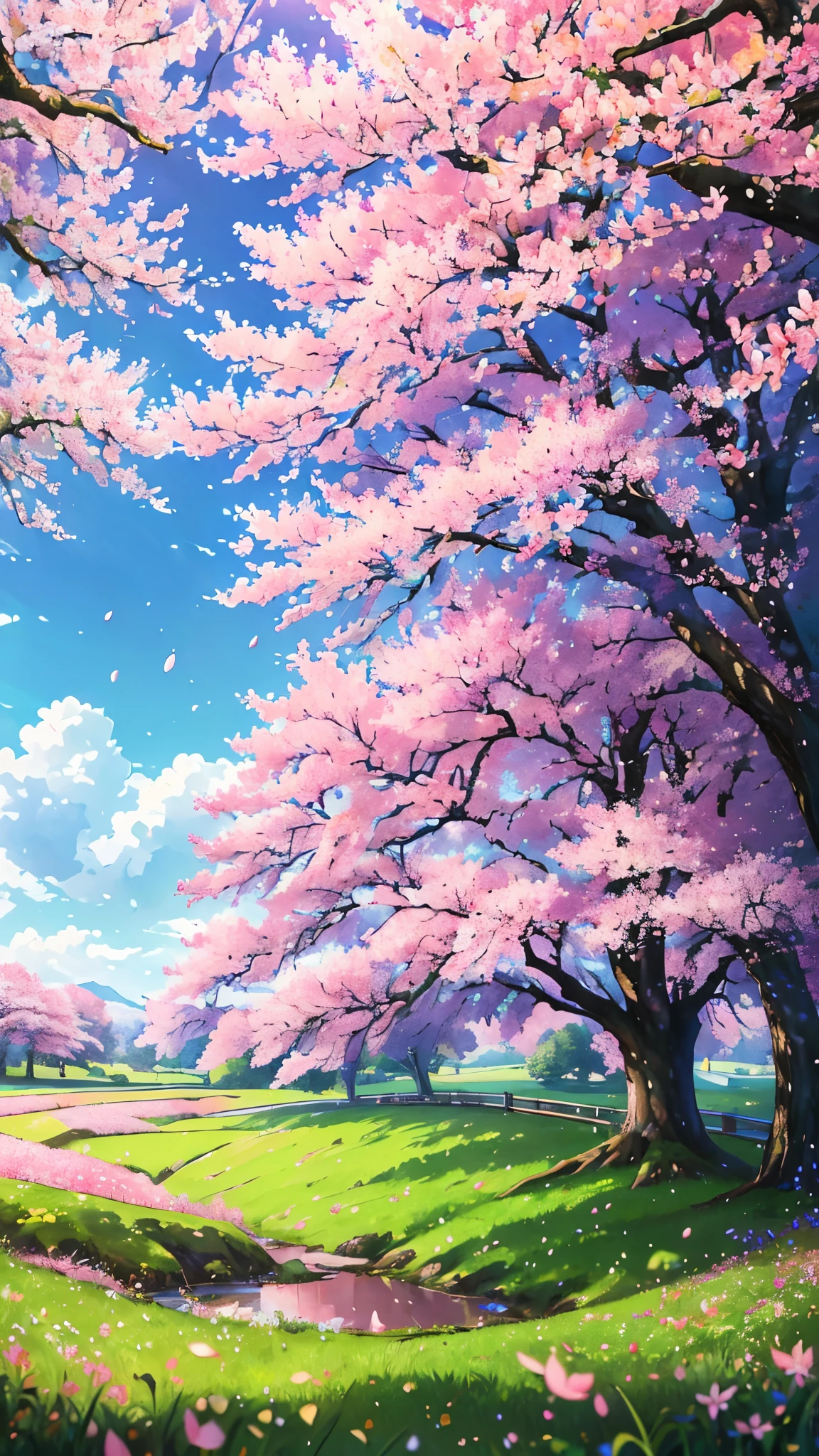 (best quality,highres,ultra-detailed,realistic:1.2),vivid colors,landscape,beautiful detailed sakura tree in a grassy field from a low angle,serene atmosphere,Detailed grass and flowers,soft sunlight,gentle breeze,scenic beauty,lush greenery,sakura petals falling,tranquil vibes