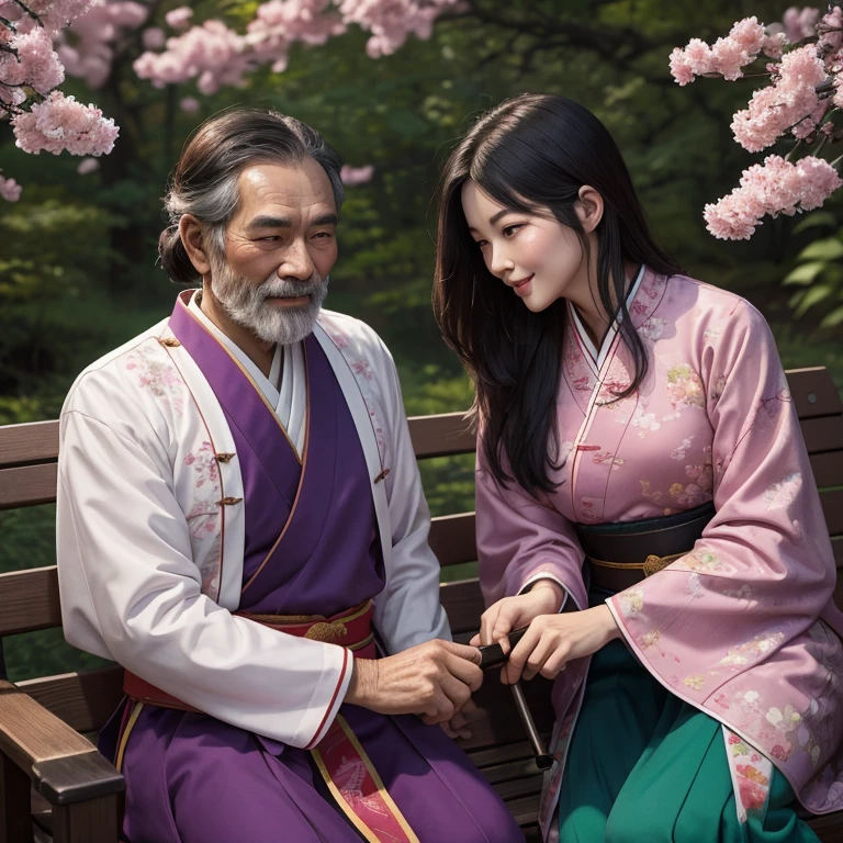 ((best quality)), ((masterpiece)), (detailed), perfect face, Mulan sitting with her father on a bench far away from each other by the lake in a forest surrounded by pink flowers. Mulan has dark almond brown eyes, black eyebrows, black long straight hair. Mulan is wearing a traditional Chinese dress pink with a purple belt. Her father has grey dark hair up in a chignon. He has dark beard. He is smiling to his daughter. Her father is wearing a traditional Chinese clothes in dark emerald colour. He rests his hands on a walking stick made in wood. Her father is very old. With wrinkles on his face.
