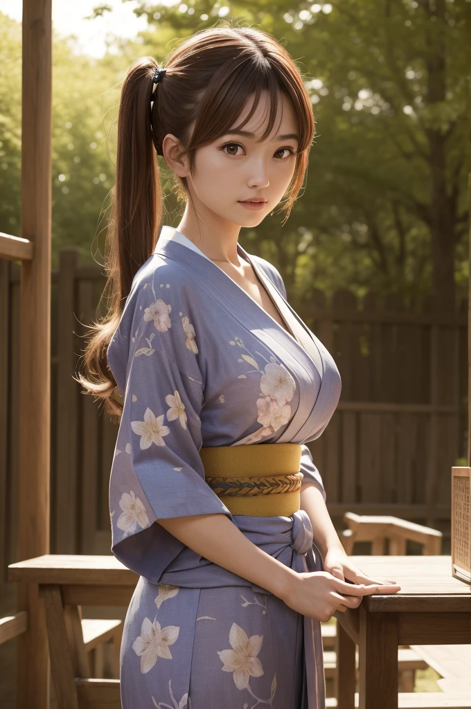 movie lighting,(((master piece))), ((best quality)), ((complex and detailed)), ((ultra realistic realism)), 4K,1 beautiful woman, 20-year-old, twin tails,extra thin yukata,beautiful features,beautiful brown eyes,perfect face,Slender,big and full breasts,Are you having fun, graphic illustration, the cutest, The background is a summer festival at a Japanese shrine., reddish brown hair, スプリットtwin tails, star-shaped pupil, conceptual art, art nouveau, shining light, nffsw, rough skin, table top, anatomically correct, highest quality, 8K