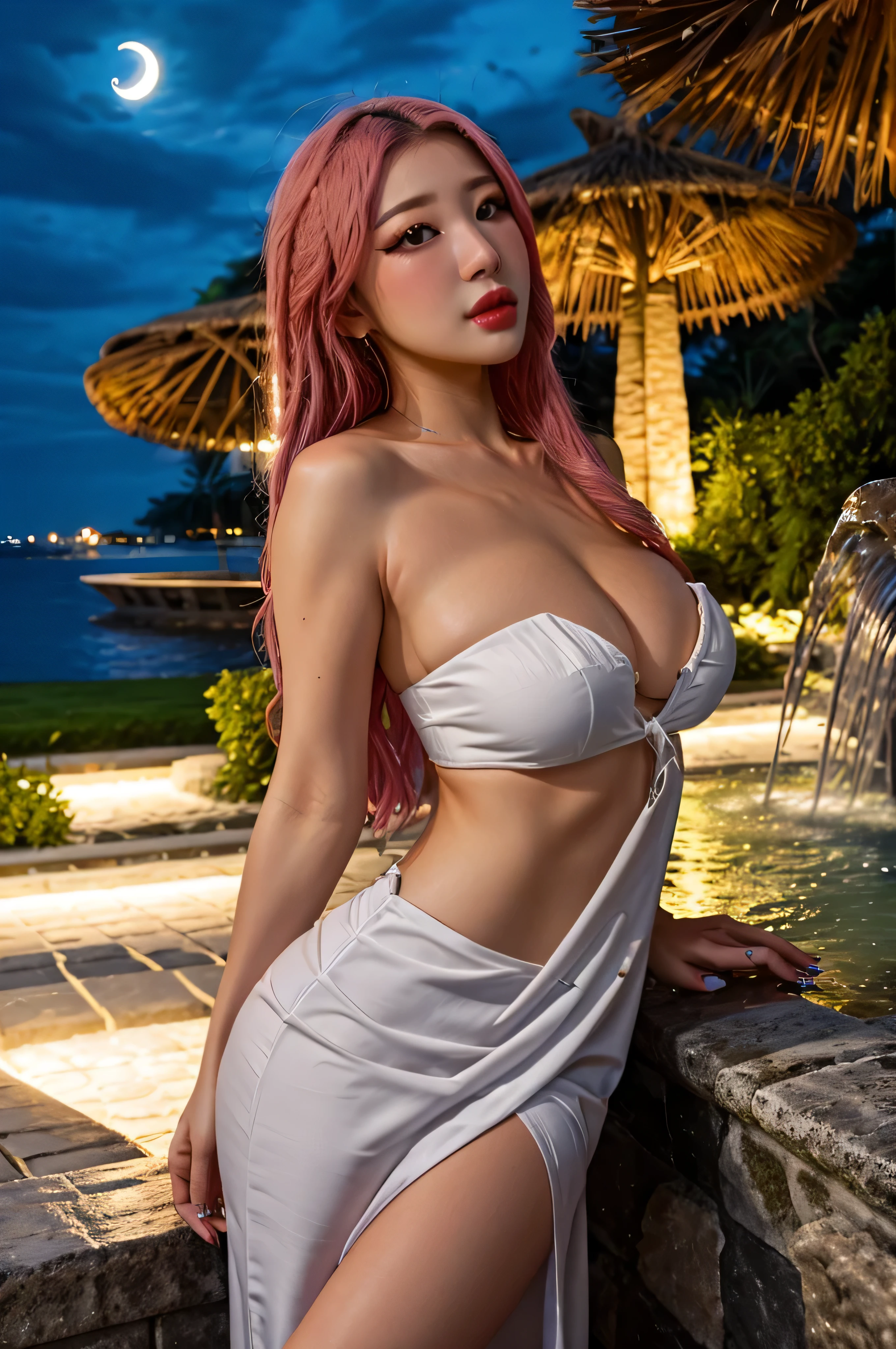 (8k masterpiece, best quality:1.2) MsPuiYi, posing for photos infront of a fountain, ((strapless white cotton beach sundress)), big cleavage, head tilted back, looking at camera, long flowing pink hair, makeup, lipstick, clutch purse, low light, lips, big beautiful eyes, night, moonlight