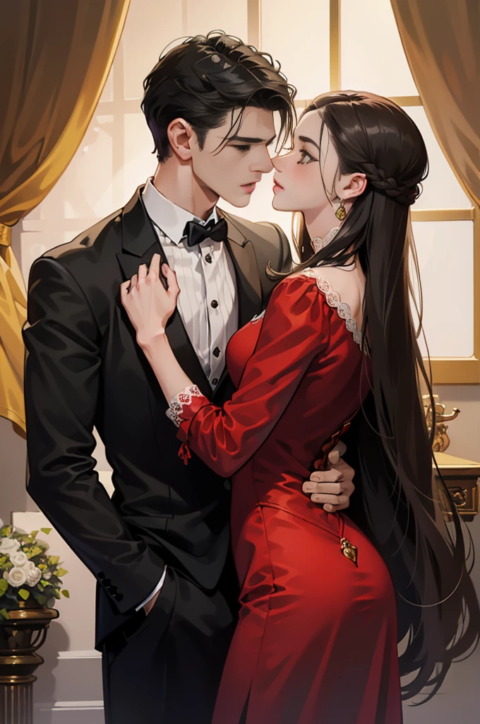 ((obras maestras)), mejor calidad, outstanding illustration, man holds woman’s Chin, a couple kissing, enfoque suave, 1 chico de cabello negro corto, 1 chica de pelo rojo largo rizado, Ropa victoriana, romanticismo victoriano, ambiente opulento y exquisito, Soft light and warm lighting.