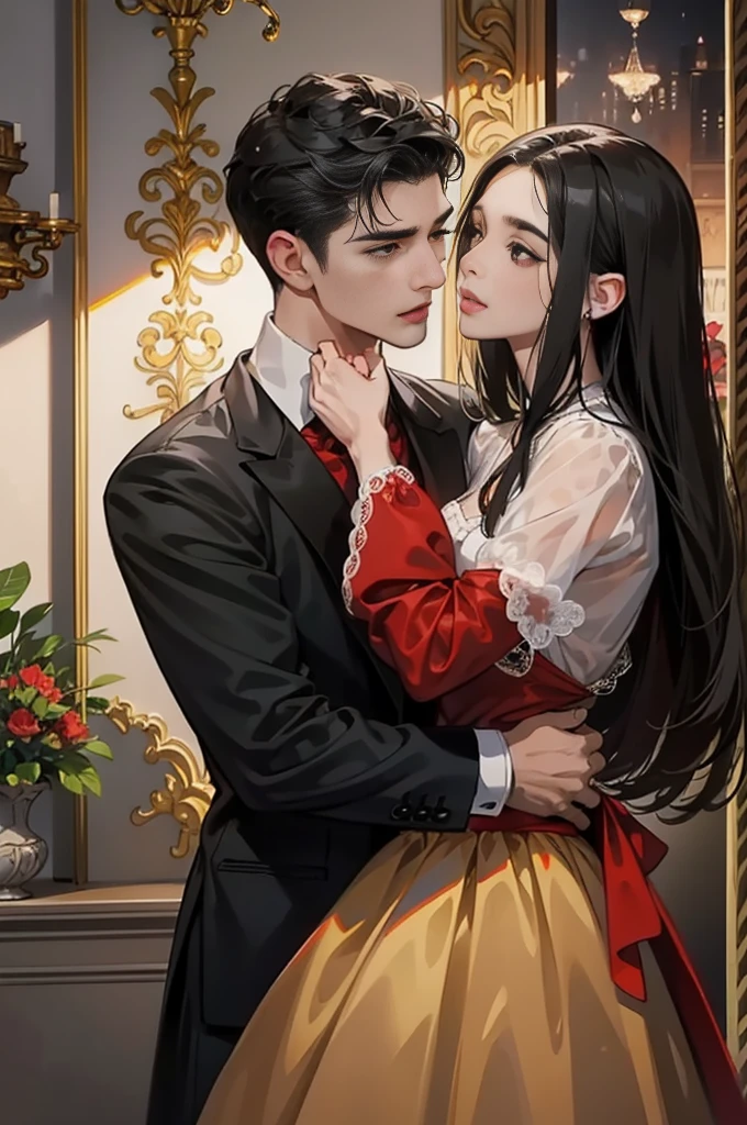 ((obras maestras)), mejor calidad, outstanding illustration, man holds woman’s Chin, a couple kissing, enfoque suave, 1 chico de cabello negro corto, 1 chica de pelo rojo largo rizado, Ropa victoriana, romanticismo victoriano, ambiente opulento y exquisito, Soft light and warm lighting.