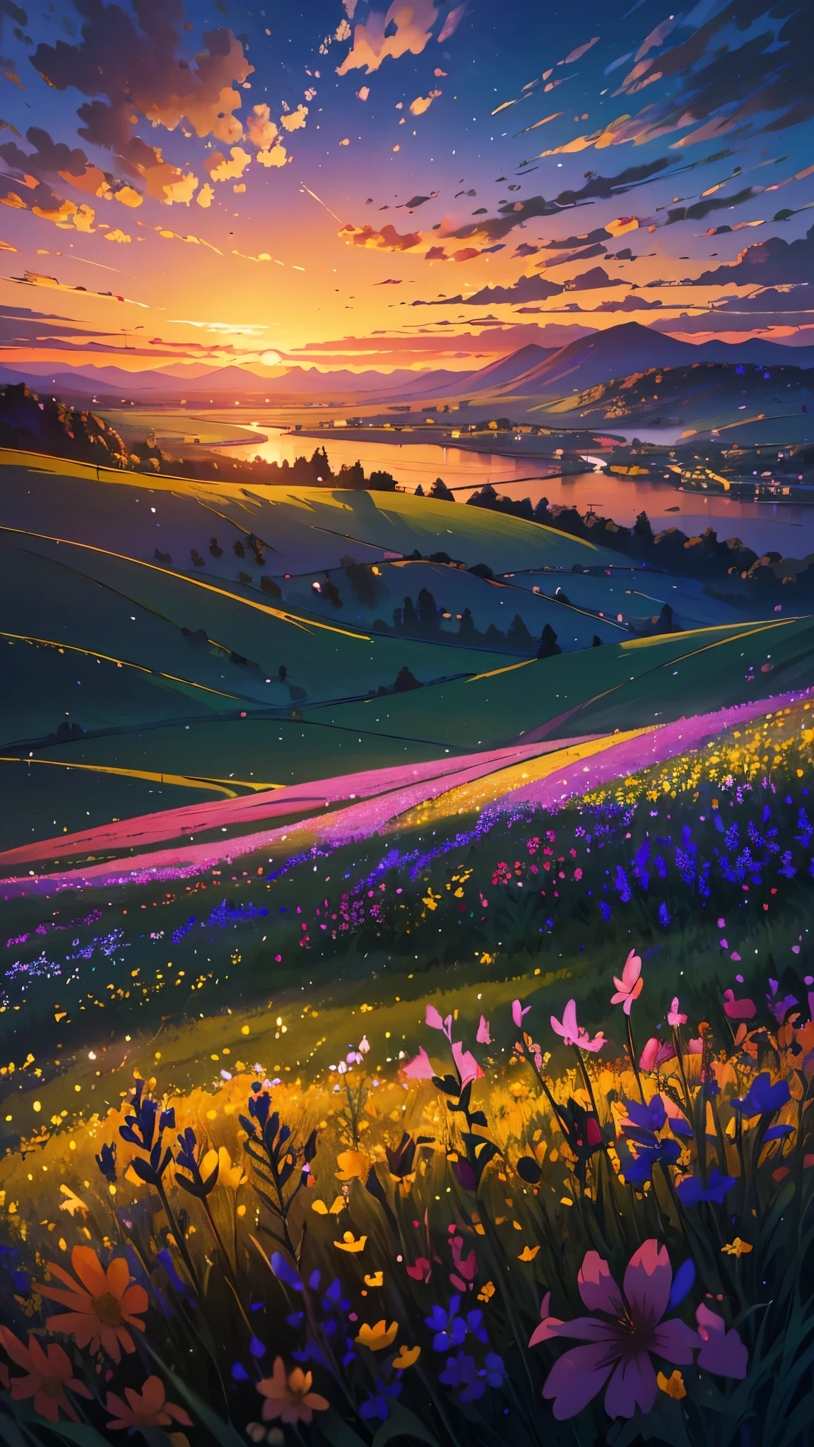 (best quality,highres,masterpiece:1.2),ultra-detailed,realistic:1.37,a beautiful image,a field of flowers,a sunset view,low angle view,focus on flowers and grass,sunset colors,vibrant colors,warm tones,soft lighting,subtle shadows,paint-like rendering,impressionistic style,field of wildflowers,waving grass,peaceful atmosphere,sunset glow,serene ambiance,tranquil setting,immersive perspective,nature beauty,breathtaking scene.