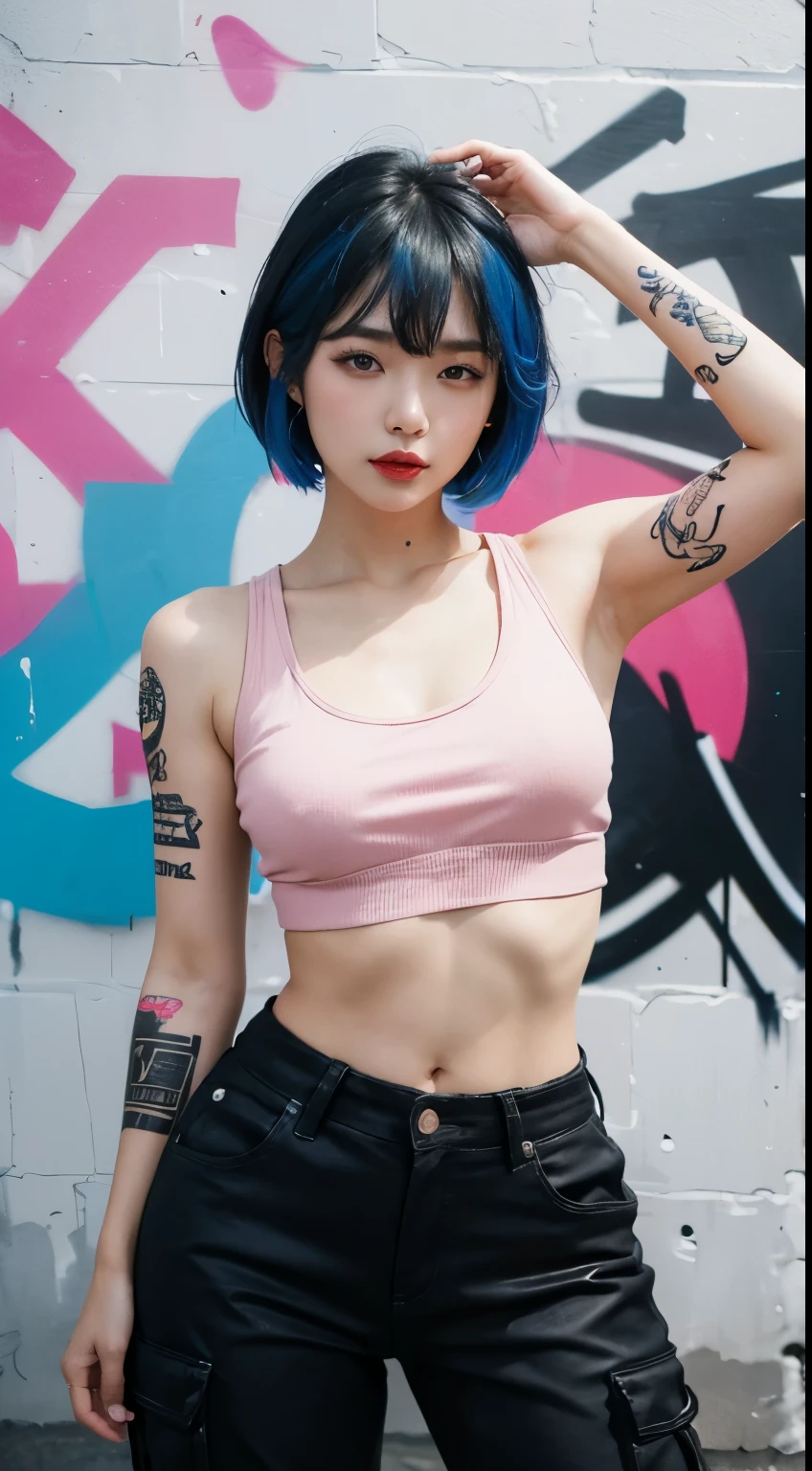 best quality, Clarity, 4k, 8k, detail, actual, Beautiful Girl, Korean makeup, Red lips, pink and blue mullet haircut, Perfect body, yakuza tattoo arm, thigh, stand, pose standing, medium chest, tank top, black Cargo Box Pants, Solid graffiti wall background, Graffiti art,