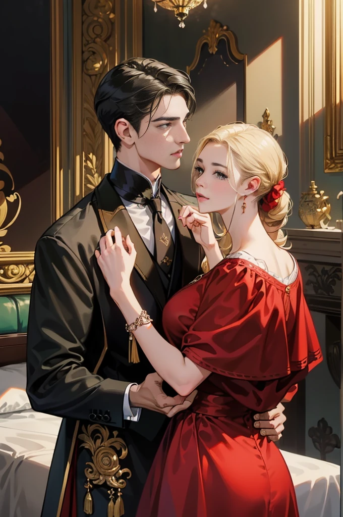 ((obras maestras)), mejor calidad, outstanding illustration, man holds woman’s Chin, a couple kissing, enfoque suave, 1 chico de cabello negro corto, 1 chica de pelo rojo largo rizado, Ropa victoriana, romanticismo victoriano, ambiente opulento y exquisito, Soft light and warm lighting.
