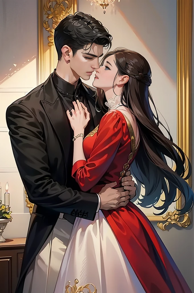 ((obras maestras)), mejor calidad, outstanding illustration, man holds woman’s Chin, a couple kissing, enfoque suave, 1 chico de cabello negro corto, 1 chica de pelo rojo largo rizado, Ropa victoriana, romanticismo victoriano, ambiente opulento y exquisito, Soft light and warm lighting.