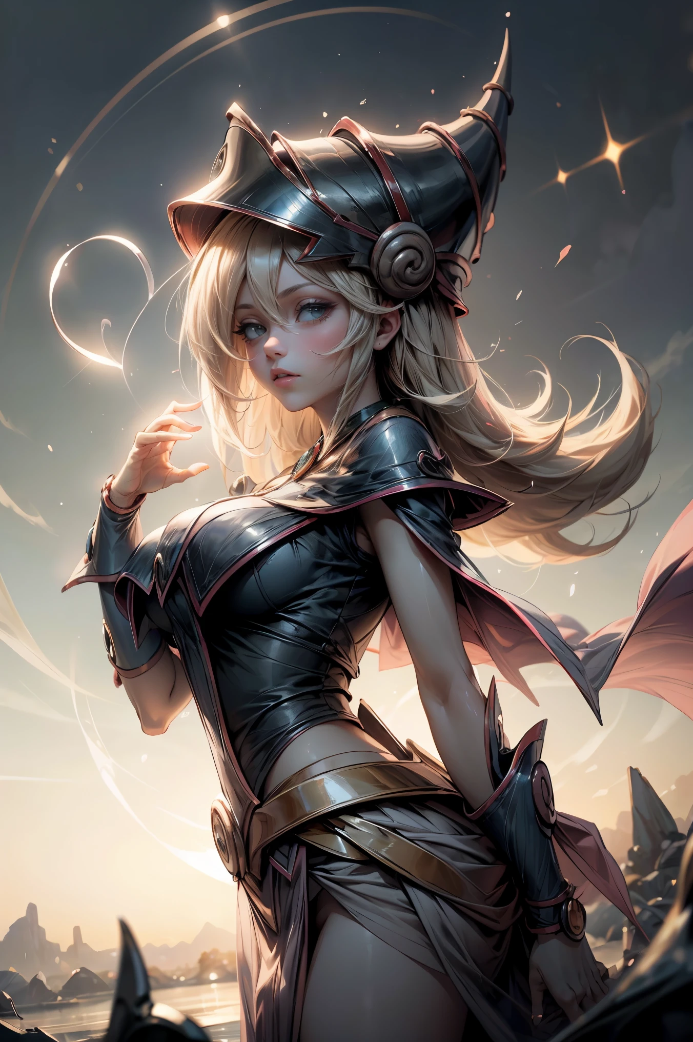 (Masterpiece:1.2), (The best quality:1.2), perfect lighting, Dark Magician Girl casting a spell, floating in the air, big tits, neckline, magic background. Transparent hearts in the air, blue robe, big hat, From above, sparkles, Yugioh Card in the background. In heels and a bikini