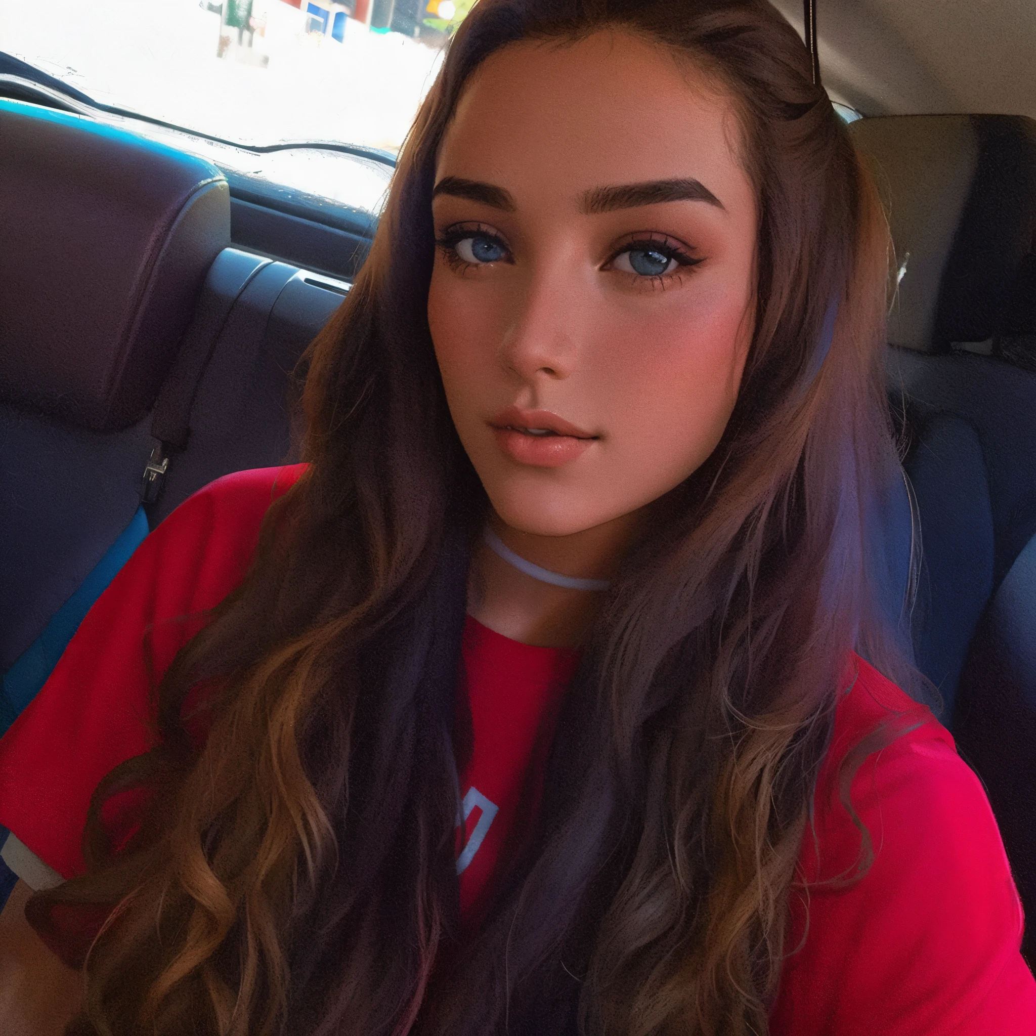 mulher arafada com cabelo comprido sentada em um carro com uma camisa vermelha, 18 anos de idade, sentada no carro dela, Retrato de Sophie Mudd, Violeta Myers, 1 6 anos,  de 19 anos, 2 modelo feminino de 4 anos, Kailee Mandel, cabelos longos e camisa vermelha, garota linda, modelo do instagram, cerveja madison