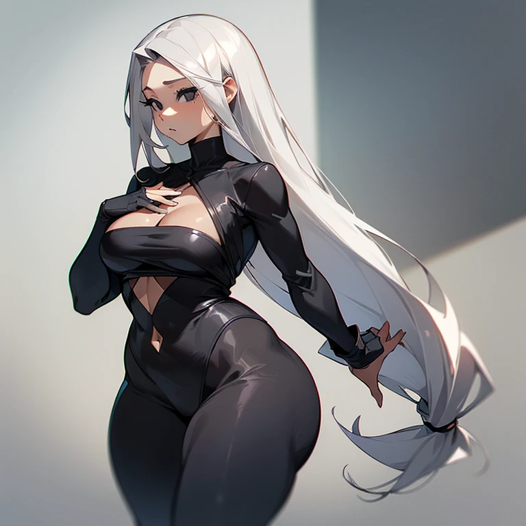 (((I want a woman alone, light skin, long gray hair, completely black eyes, medium curvy body, medium chest, wearing )))