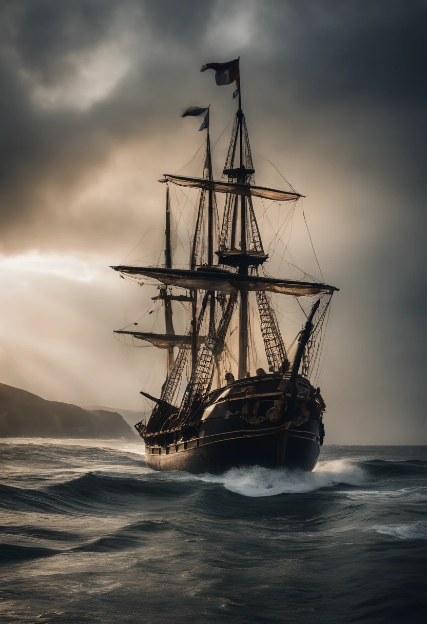 Ilustraciones de Steam, Guerra de barcos piratas, fuego, lluvia, tormenta, Cannons, Olas del mar, nubes azules