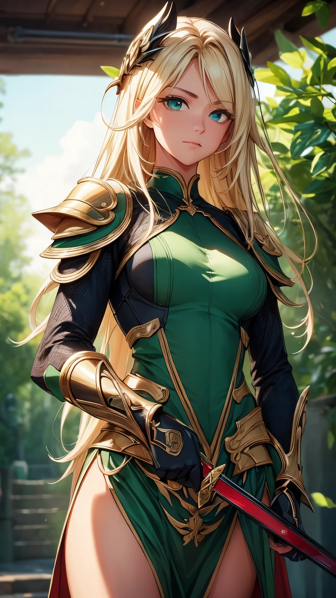 (8K, RAW photo, 最high quality, masterpiece: 1.2), High-definition RAW color photo, Professional photo shoot, cinematic light, alone, Girl wielding a big sword、Chopper knife, Executioner, An illustration、Face and eye details、flowing hair、strong and determined look、elaborate armor and weapons、beautifully crafted sword、shimmering metal details、The soft sunlight shining on her、Rich color palette、Rich green in the background、最high quality、Super detailed、real:1.37、Bright colors、dramatic lighting、heroic pose、HDR、sharp focus, staring eyes, beautiful skin, shiny skin, perfect fingers, five fingers, anatomically correct, background bokeh, high quality, surreal, bright colors, ((very detailed, photo shoot)),