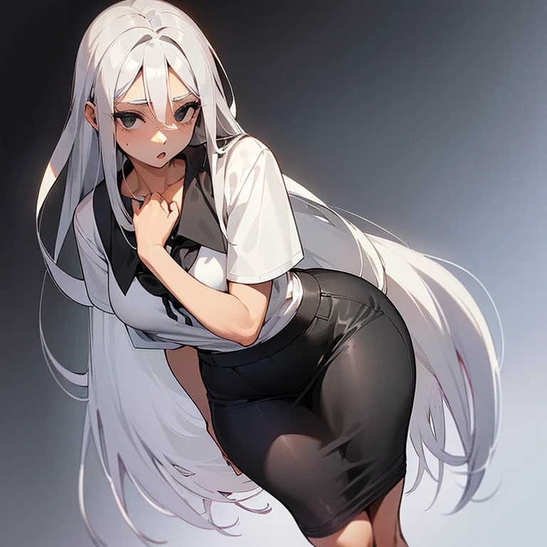 young girl, black hair on the outside and white hair on the inside, silver eyes,beautiful and detailed eyes, long hair, sadistic smile, black shirt, white mini skirt, (classroom)