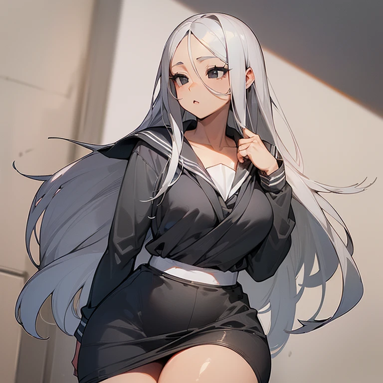 1girl, anime style, 2d, anime screencap, dark skin, black skin, dark-skinned female, white hair, long hair, large breasts, wide hips, thick thighs, shirt, sportswear, shy, sports bra, screencap, masterpiece, hourglass figure, mature female