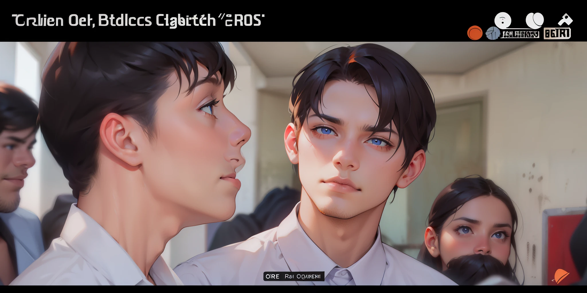 tiene cabello y ojos de color naranja , camisa de color azul cielo