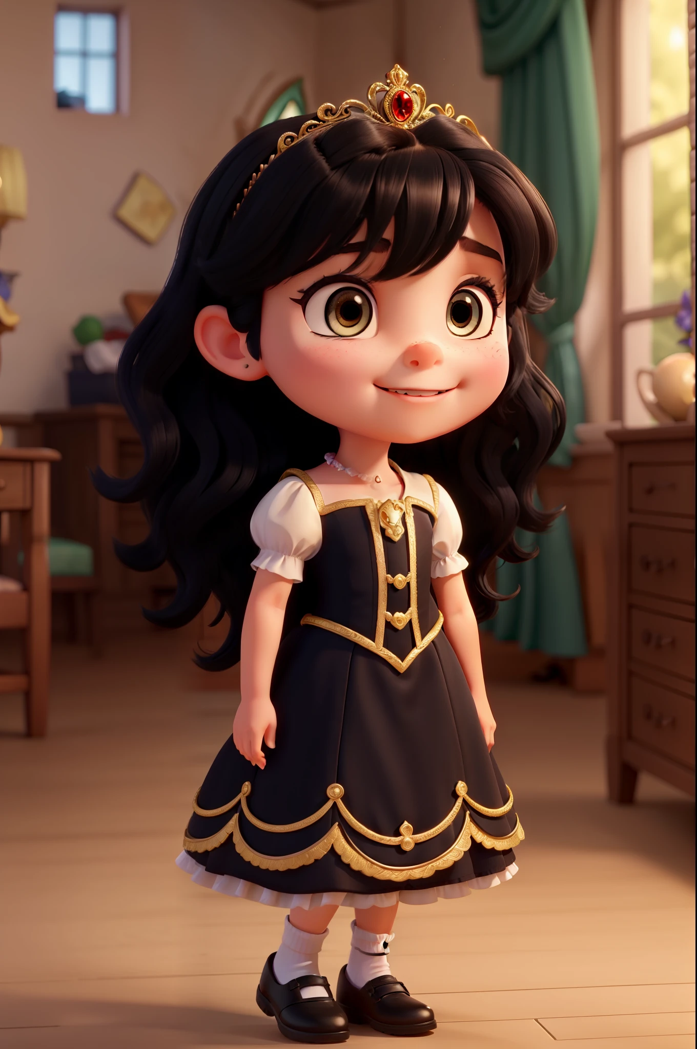 A beautiful with wavy black hair, dressed as a princess in Disney Pixar style, exuding an aura of regality and joy.