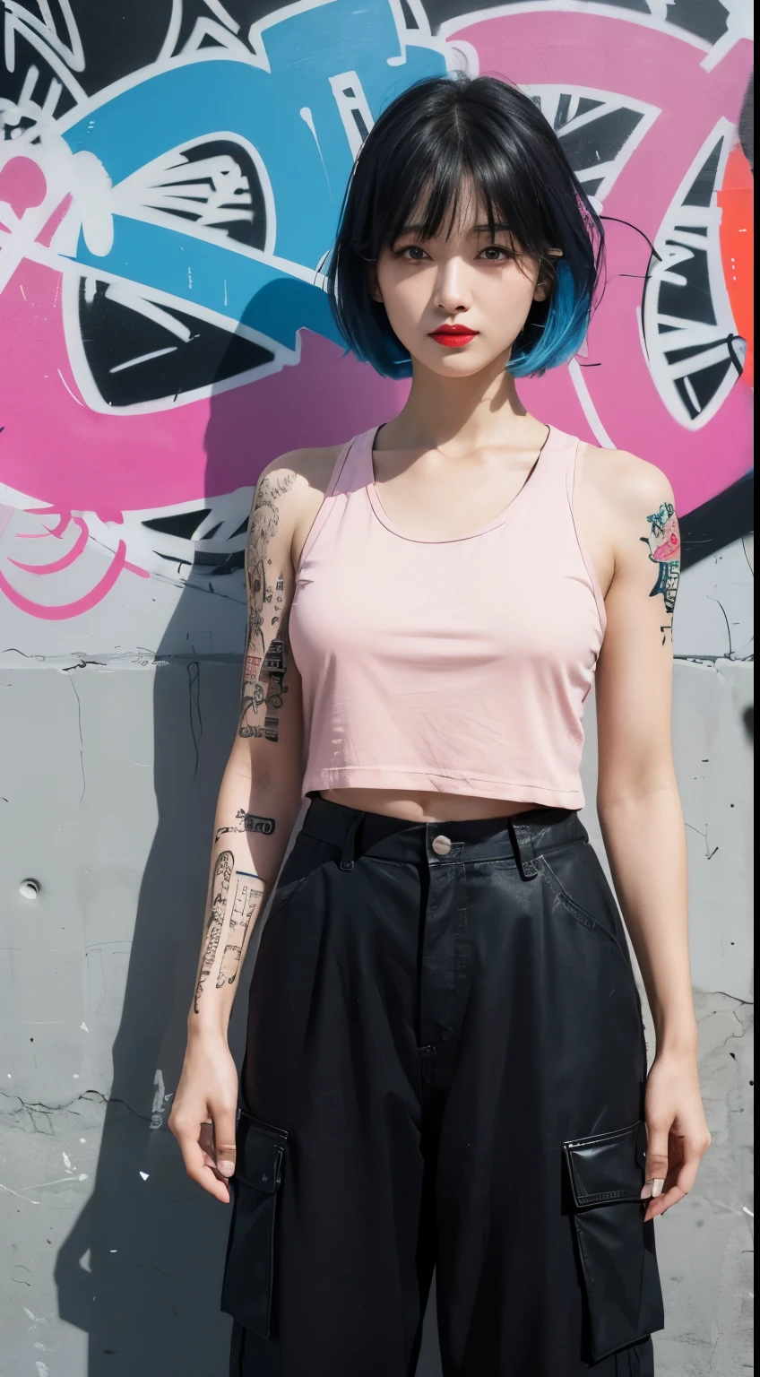 best quality, Clarity, 4k, 8k, detail, actual, Beautiful Girl, Korean makeup, Red lips, pink and blue mullet haircut, Perfect body, full yakuza tattoo arm, thigh, stand, pose standing, medium chest, tank top, black legging Pants, Solid graffiti wall background, Graffiti art,