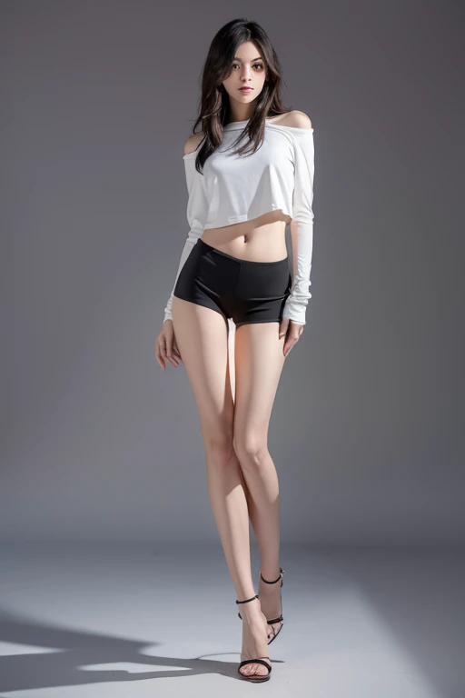 technique, light, actual, young beautiful girl, Perfect body, Perfect body, Full view, Perfect body, (start from below:2), 的posture, Sexy long legs, confident, Beautiful and sexy, Short dark gray sleeves, open belly, Black 3-point shorts, S-shaped body, Cocked buttocks,placed in a,posture,Different perspectives,atmospheric distance sense,Look tall and distinguished,Show leg length,stand