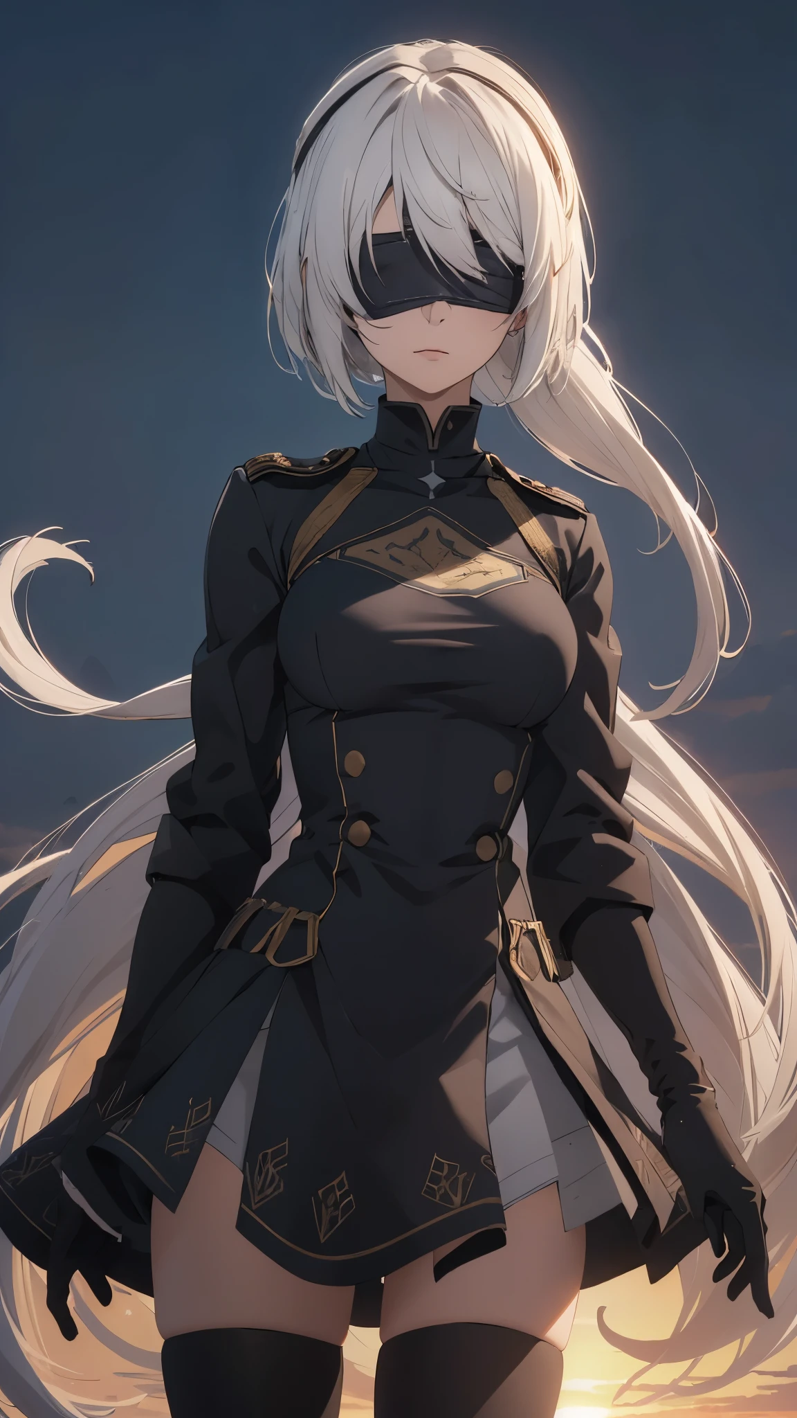 (extremely detailed CG unity 8k wallpaper), (masterpiece), (best quality), (ultra-detailed), (best illustration), (best shadow), (absurdres), 2b, 1girl, long hair, normal size , white hair, blindfold solo, Intimidating women, admiral uniform, night, hero pose, white clothes, General Uniform, Military Uniform, Sunlight, exposed to sunlight,commander, cape, fighting, ((beautiful fantasy girl)), (Master Part: 1.2), Best Quality, High Resolution, photorealestic, photogenic, Unity 8k壁纸, perfect lighting, (perfect arms, perfect anatomy) beatiful face, intricate details, Detalhes realistas, the anime, The Perfect Girl, perfect details, Ultra HD |, 8K, Professional photo(extremely detailed CG unity 8k wallpaper), (masterpiece), (best quality), (ultra-detailed), (best illustration), (best shadow), (absurdres), 2b, 1girl, long hair, long ponytail, normal size , white hair, blindfold solo, Intimidating women, admiral uniform, night, hero pose, white clothes, General Uniform, Military Uniform, Sunlight, exposed to sunlight, commander, black clothes, sunkissed, sunset background