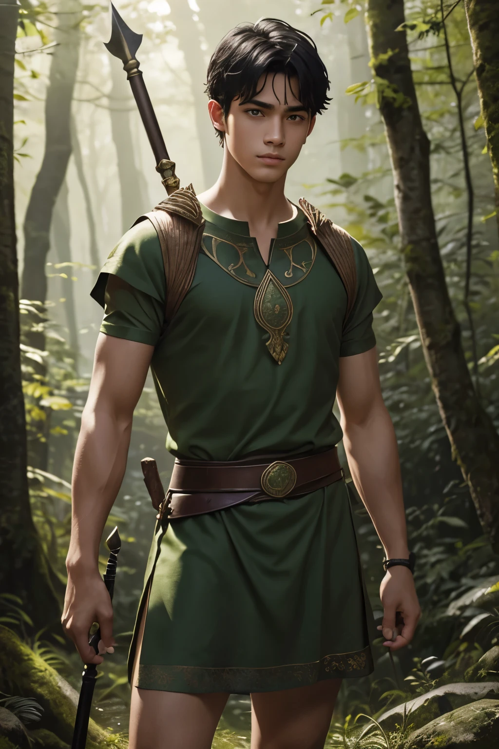 Very handsome hunky teenager, shirtlesss wearing very short green Roman tunic and holding spear, very short black hair, forest background