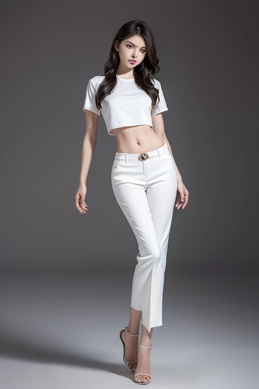 technique, light, actual, young beautiful girl, Perfect body, Perfect body, Full view, Perfect body, (start from below:1.9), 的posture, Sexy long legs, confident, Beautiful and sexy, Short white sleeves, open belly, black trousers, S-shaped body, Cocked buttocks,placed in a,posture,Different perspectives,atmospheric distance sense,Look tall and distinguished,Show leg length,stand