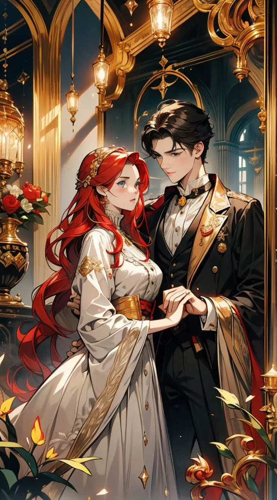 ((masterpieces)), best quality, exceptional illustration, a couple kissing, soft focus, 1 boy with short black hair, BLUE EYES, 1 girl with long wavy red hair, GOLDEN YELLOW EYES, Victorian clothing, Victorian romanticism, opulent and exquisite atmosphere, soft light and warm lighting.