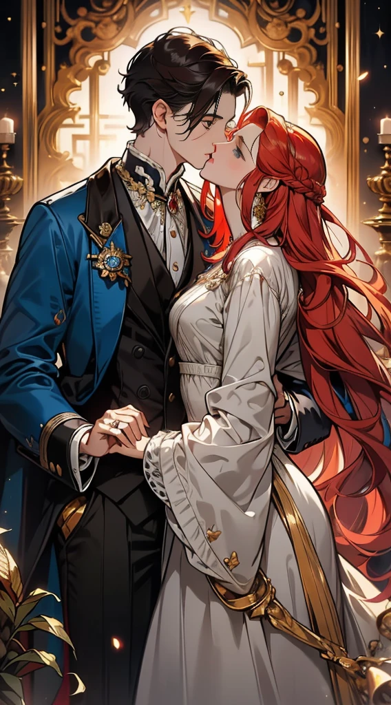 ((masterpieces)), best quality, exceptional illustration, a couple kissing, soft focus, 1 boy with short black hair, BLUE EYES, 1 girl with long wavy red hair, GOLDEN YELLOW EYES, Victorian clothing, Victorian romanticism, opulent and exquisite atmosphere, soft light and warm lighting.