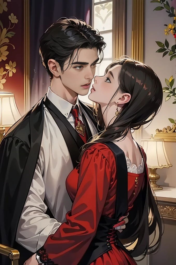 ((obras maestras)), mejor calidad, outstanding illustration, man holds woman’s Chin, a couple kissing, enfoque suave, 1 chico de cabello ????? corto, 1 chica de pelo rojo largo rizado, Ropa victoriana, romanticismo victoriano, ambiente opulento y exquisito, Soft light and warm lighting.