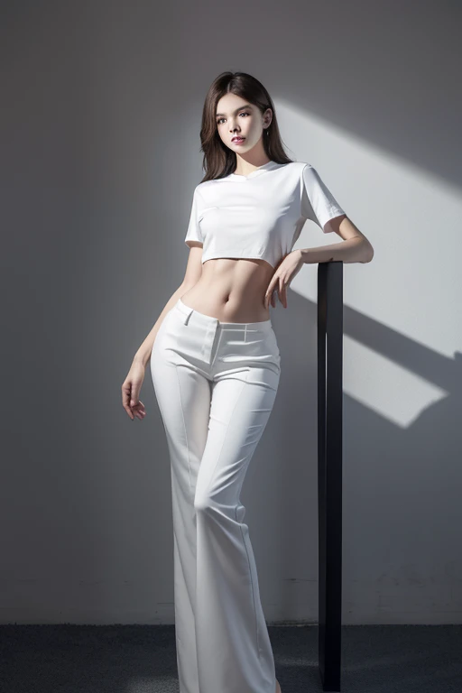 best quality, masterpiece, high resolution,8k,(realistically:1.4),超high resolution,1 girl, Super detailed, Surreal, Very detailed CG illustrations, official art, light, actual, young beautiful girl, Perfect body, Perfect body, Full view, Perfect body, (start from below:1.9), 的posture, Sexy long legs, confident,C cup beautiful and sexy, White short sleeves, open belly, black long pants, S-shaped body, Cocked buttocks,placed in a,posture,Different perspectives,atmospheric distance sense,Look tall and distinguished,Show leg length