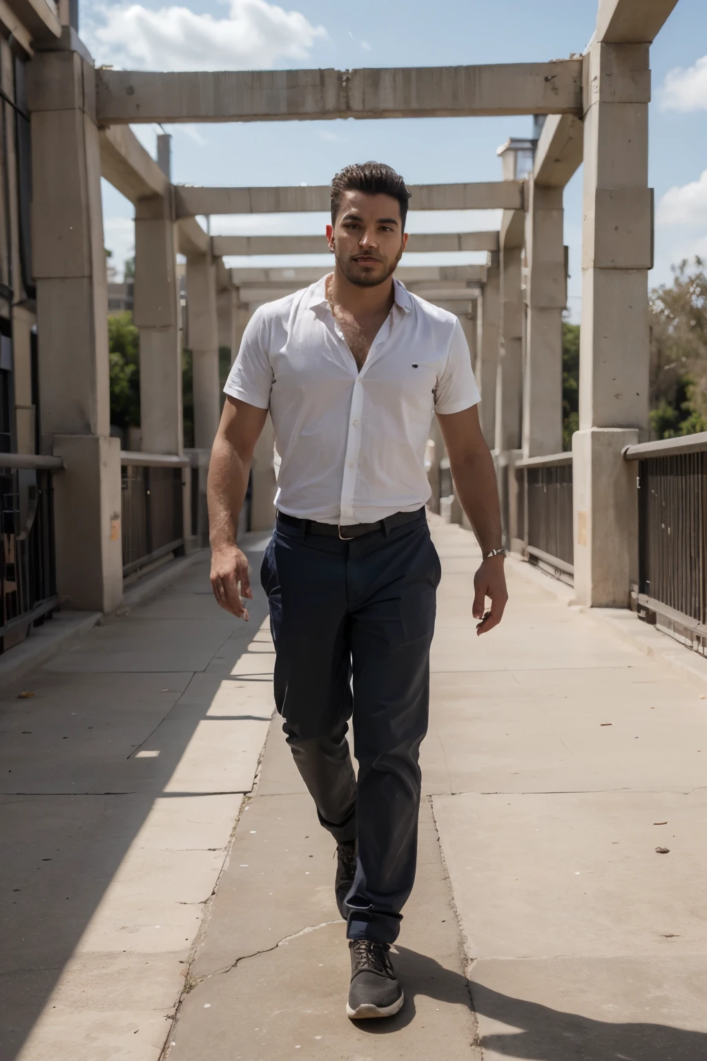((Mejor calidad)), ((obra maestra)), (detallado), cara perfecta hombre latino con camisa y pantalon caminando en un puente vacio