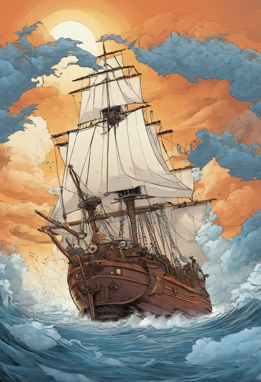 Ilustraciones de Steam, Guerra de barcos piratas, fuego, lluvia, tormenta, Cannons, Olas del mar, nubes azules