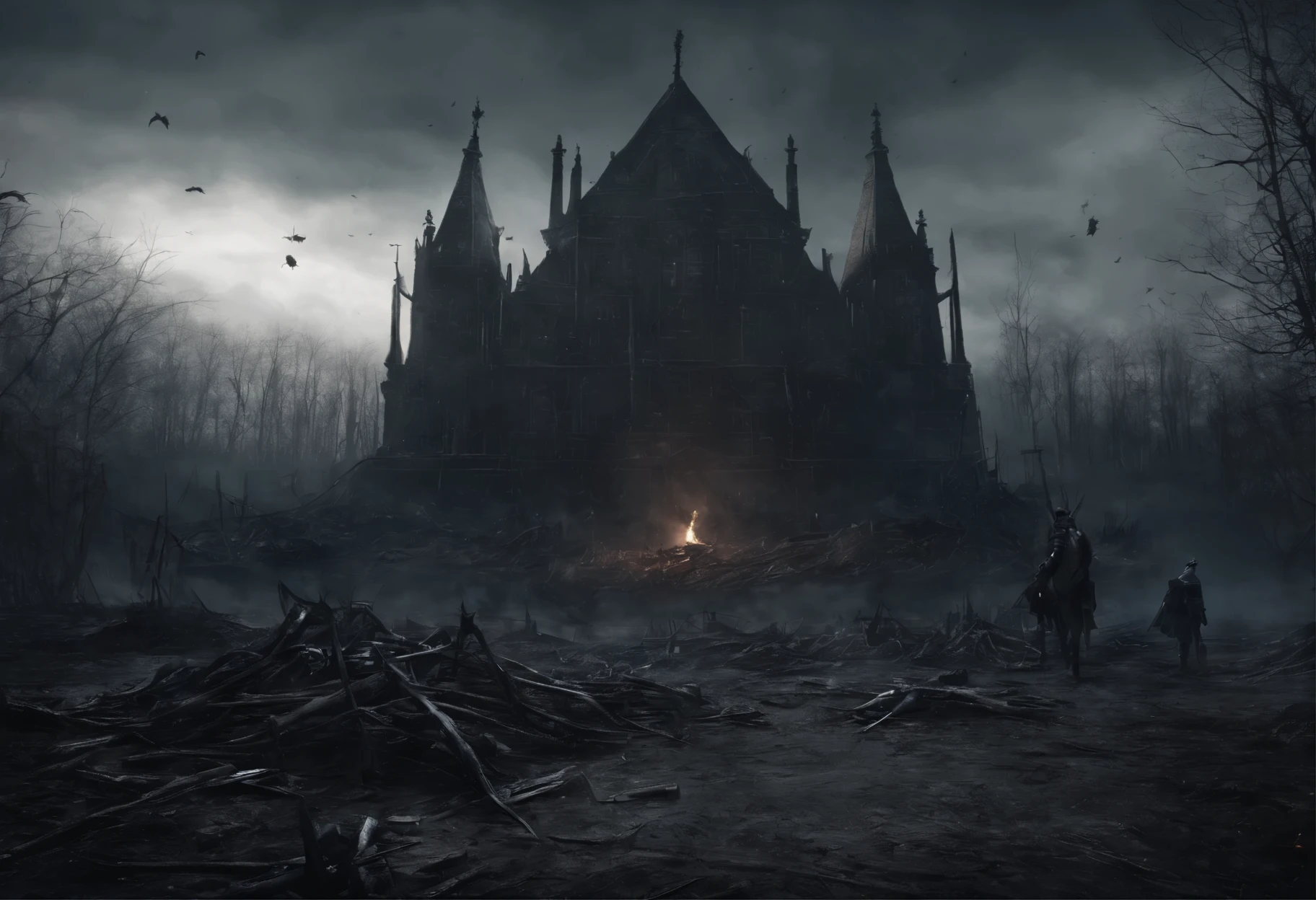 battlefield, mass of broken spears and swords sticking out of the ground, round shields with emblems, the glow of a fire in the night sky, (Best Quality, 16K, Masterpiece, UHD, Ultra quality cinematic lighting, Huge detail, Well lit, 35mm, sharp, hyper realistic, epic scale, insane level of details)