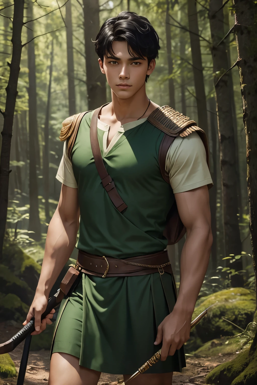 handsome teenager wearing very short green Roman tunic and holding spear, very short black hair, forest background