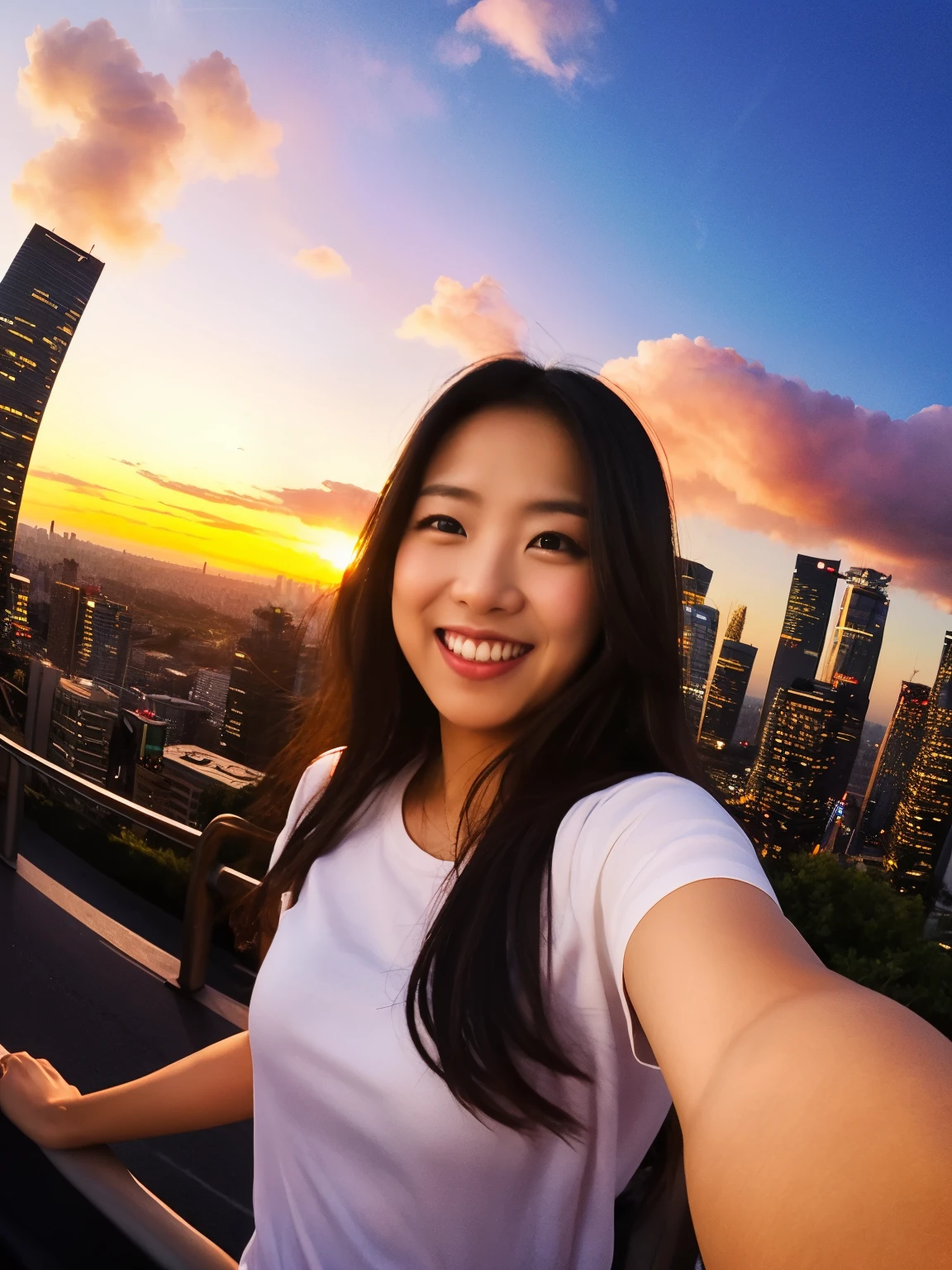 xxmixgirl,1 girl, Fisheye, self snap, Wind, messy hair, sunset, cityscape, (Aesthetics and atmosphere:1.2), gray hair,smile,movie girl