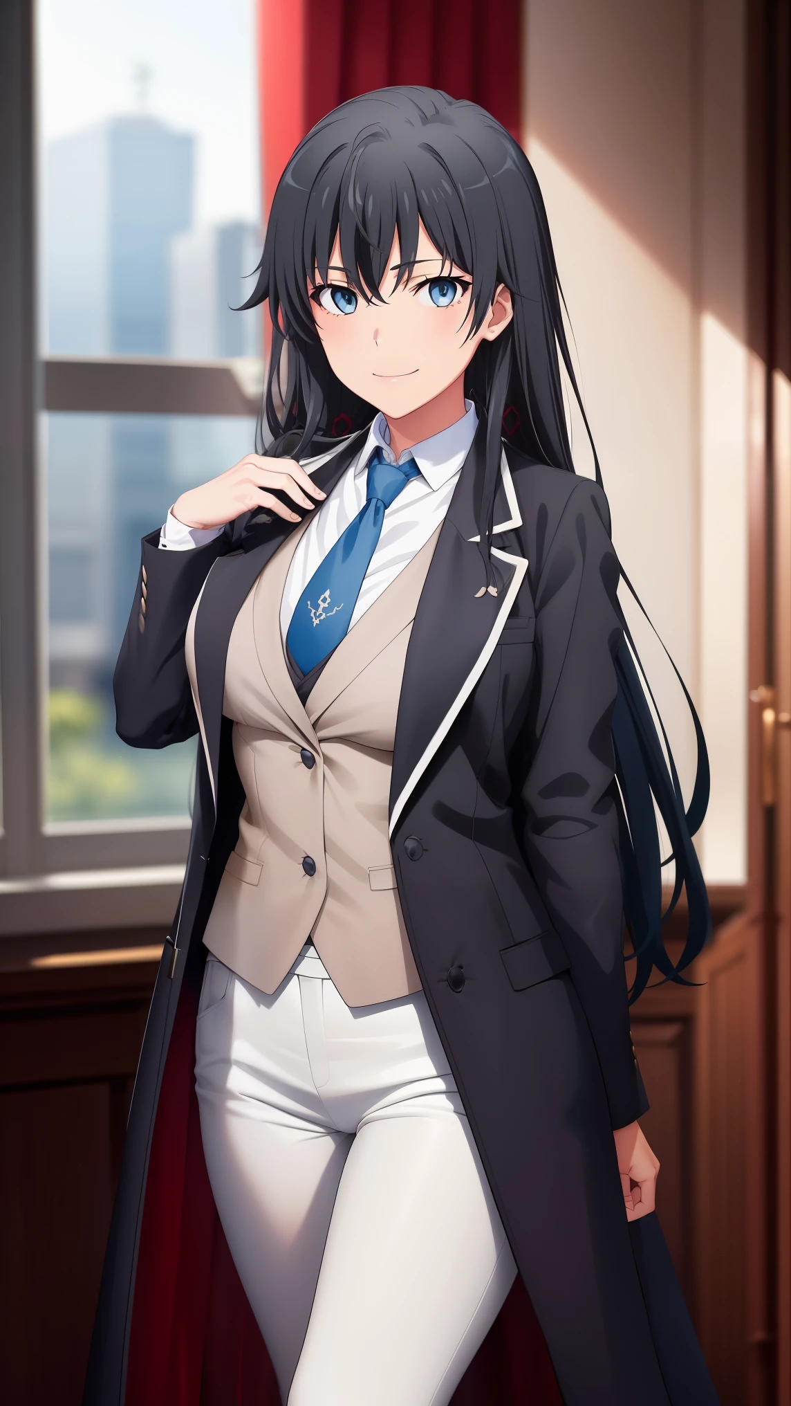 ((best quality)), ((masterpiece)), (detailed) 1girl, ;\), blurry, blurry_background, breasts, , hair_long looking_at_viewer, ok_sign, open_hand, Yukinoshita Yukino ,Woman wearing formal clothes, An attractive coat stands in a large gap in the room ,  独奏, blue necktie, Black hair, eyes blue, long hair, smile , collared shirt, white pants, white shirt , Elegantly designed coat , Stand in front of a window ,Perfectly tailored tailcoat. It has a stunning Victorian design and is made of lustrous fabric