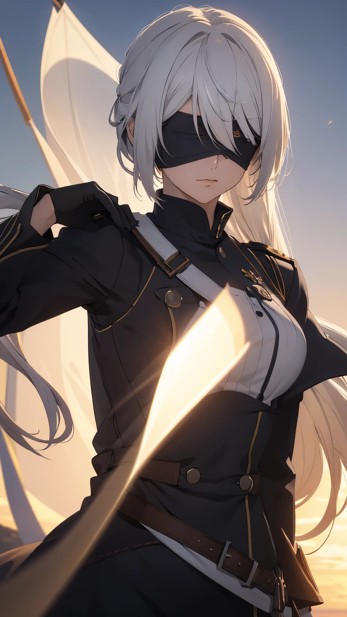 (extremely detailed CG unity 8k wallpaper), (masterpiece), (best quality), (ultra-detailed), (best illustration), (best shadow), (absurdres), 2b, 1girl, long hair, normal size , white hair, blindfold solo, Intimidating women, admiral uniform, night, hero pose, white clothes, General Uniform, Military Uniform, Sunlight, exposed to sunlight,commander, cape, fighting, ((beautiful fantasy girl)), (Master Part: 1.2), Best Quality, High Resolution, photorealestic, photogenic, Unity 8k壁纸, perfect lighting, (perfect arms, perfect anatomy) beatiful face, intricate details, Detalhes realistas, the anime, The Perfect Girl, perfect details, Ultra HD |, 8K, Professional photo(extremely detailed CG unity 8k wallpaper), (masterpiece), (best quality), (ultra-detailed), (best illustration), (best shadow), (absurdres), 2b, 1girl, long hair, long ponytail, normal size , white hair, blindfold solo, Intimidating women, admiral uniform, night, hero pose, white clothes, General Uniform, Military Uniform, Sunlight, exposed to sunlight, commander, black clothes, sunkissed, sunset background