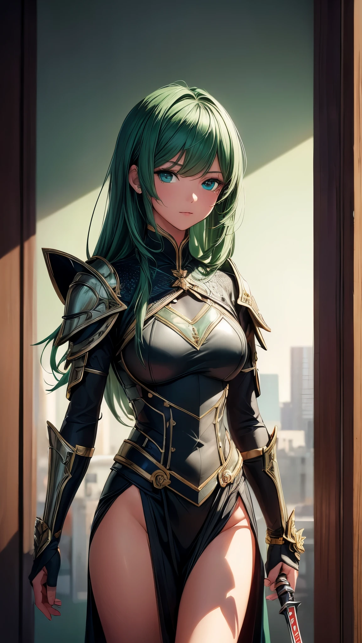 (8K, RAW photo, 最high quality, masterpiece: 1.2), High-definition RAW color photo, Professional photo shoot, cinematic light, alone, Girl wielding a big sword、Chopper knife, Executioner, An illustration、Face and eye details、flowing hair、strong and determined look、elaborate armor and weapons、beautifully crafted sword、shimmering metal details、The soft sunlight shining on her、Rich color palette、Rich green in the background、最high quality、Super detailed、real:1.37、Bright colors、dramatic lighting、heroic pose、HDR、sharp focus, staring eyes, beautiful skin, shiny skin, perfect fingers, five fingers, anatomically correct, background bokeh, high quality, surreal, bright colors, ((very detailed, photo shoot)),