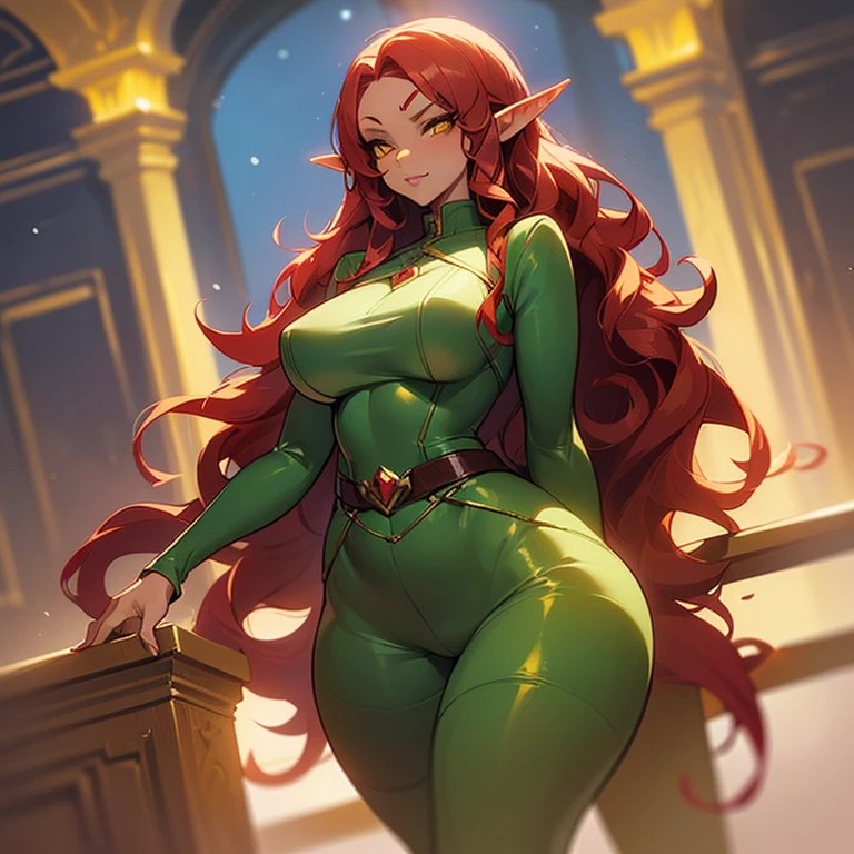 (((I want an elf woman alone, light skin, long red wavy hair, completely yellow eyes, medium curvy body, wearing a suit, a lascivious expression)))