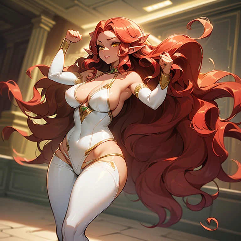(((I want an elf woman alone, light skin, long red wavy hair, completely yellow eyes, medium curvy body, wearing a suit, a lascivious expression)))
