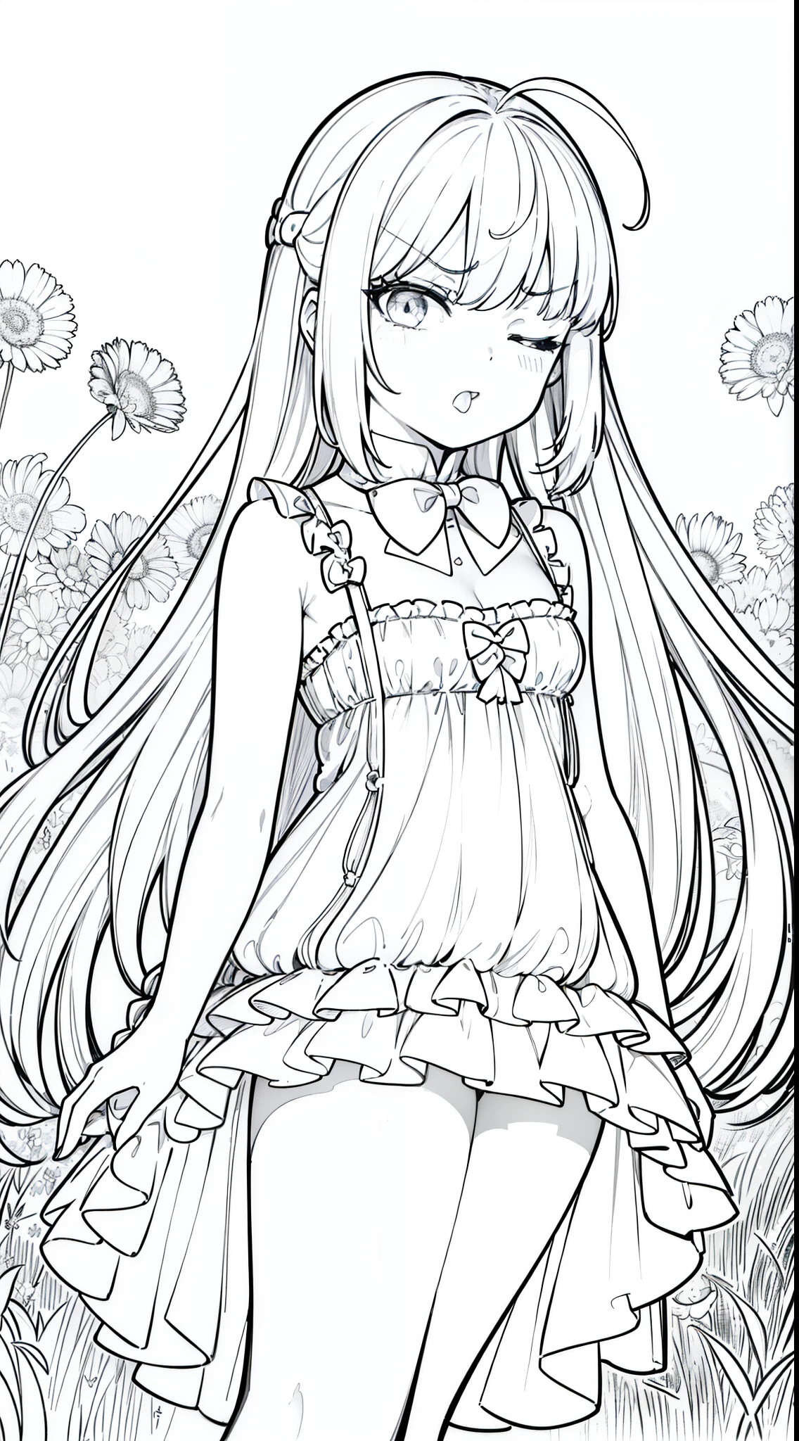 (1girl,),white hair,long hair,white pantyhoses,white dress mono color,frills, sleeveless, cleavage, bow tie, bare shoulders,(((hair 2antennas))),((grass,line drawing),(one eye closed,white eye,angry, tongue out,open mouth)),peeking out upper body