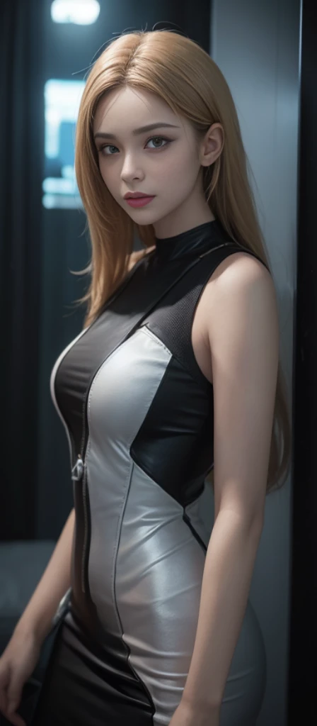 ((Best Quality)), ((Masterpiece)), (Detail: 1.4), 3D, A Beautiful Cyberpunk Female Figure, Long Blonde Hair, HDR (High Dynamic Range), Ray Tracing, NVIDIA RTX, Super-Resolution, Unreal 5, Subsurface Scattering, PBR Textures, Post Processing, Anisotropic Filtering, Depth of Field, Maximum Clarity and Clarity, Multi-layer Textures, Albedo and Highlight Maps, Surface Shading, Accurate simulation of light-material interactions, perfect proportions, Octane Render, two-color light, large aperture, low ISO, white balance, rule of thirds, 8K RAW,