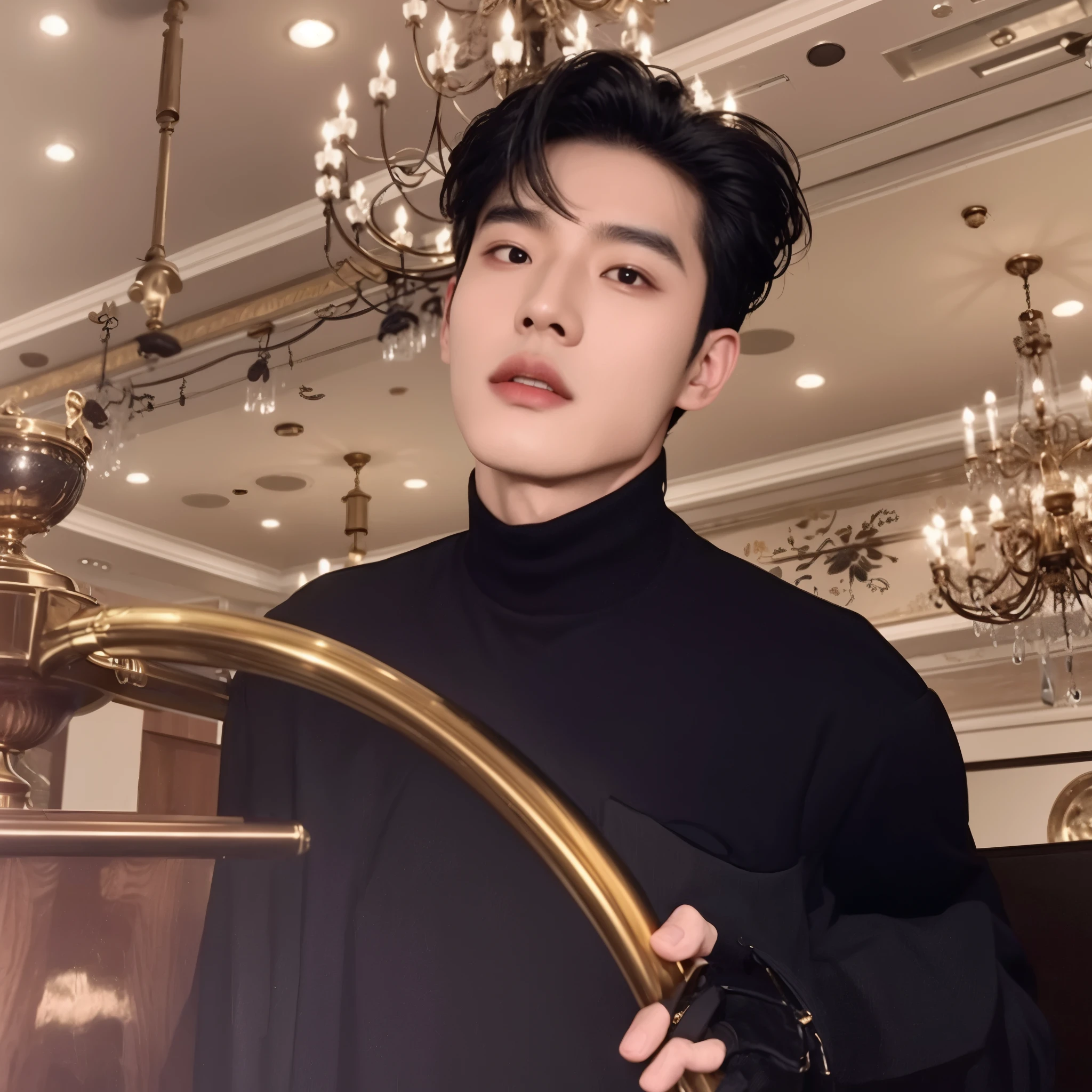 Araffe dressed in black holding a golden metal object in a room., Sexy Asian, cai xukun, Lee Juyeon, esojun chengt, hong junio hyung, Jinyoung Shin, jia, hsiao-ron, hyung tae, kim doyoung, TaeJune Kim, eso, muy guapo, sha xi, kda, brillante por la lluvia, inspirado en Bian Shoumin