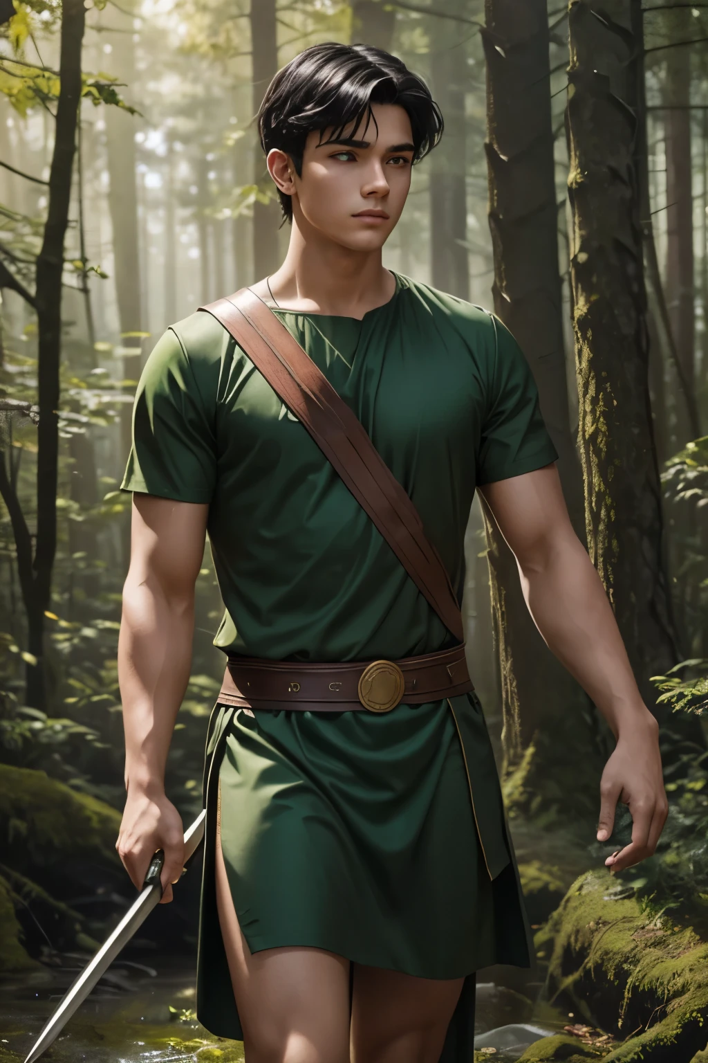 Masterpiece artwork, best qualityer, 独奏, anime coloring, a cowboy photo of a tien with ((third eye: 1.2)) and black eyes, wearing no shirt , red sash, green pants, green bracelets, outdoors next to a ring, baldie 