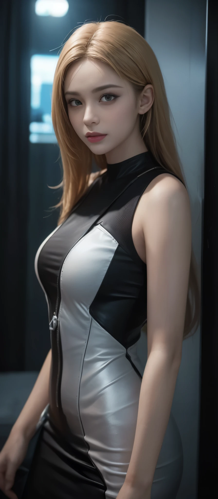 8K, Top Quality, Intricate Details, Ultra Detail, Ultra High Resolution, Masterpiece, close up shot, (full body: 1.1), Slender, Smile, (Makeup: 0.4), ,(( cammy white, blonde hair, bangs, short hair, blue eyes, antena hair, abs, scar on cheeks)), (Fluffy  Eyes: 1.21), (()), 1girl, solo, 1 girl, (()), close up shot, , ((tall)), (((fit body))), (((slim face))), sharp face, (( ((, , )),skin tight dress ))  ,(detailed face), sharp face, small lips, , ,(( walking pose, walk pose)) ,, ,
 ((,no bra, braless )), , (( )), detailed face, detailed breast,,  detail nipples ,slim body, Narrow Waist, Skinny, tall , skinny body, 190 cm tall, Muscular, Navel, Exposed Abdomen, Pointed Chest,, Beautiful girl with accentuated slender abs: 1.4, Six Pack Abs: 1.4, , Perfect Body, detail legs, (( dark background)), black background,