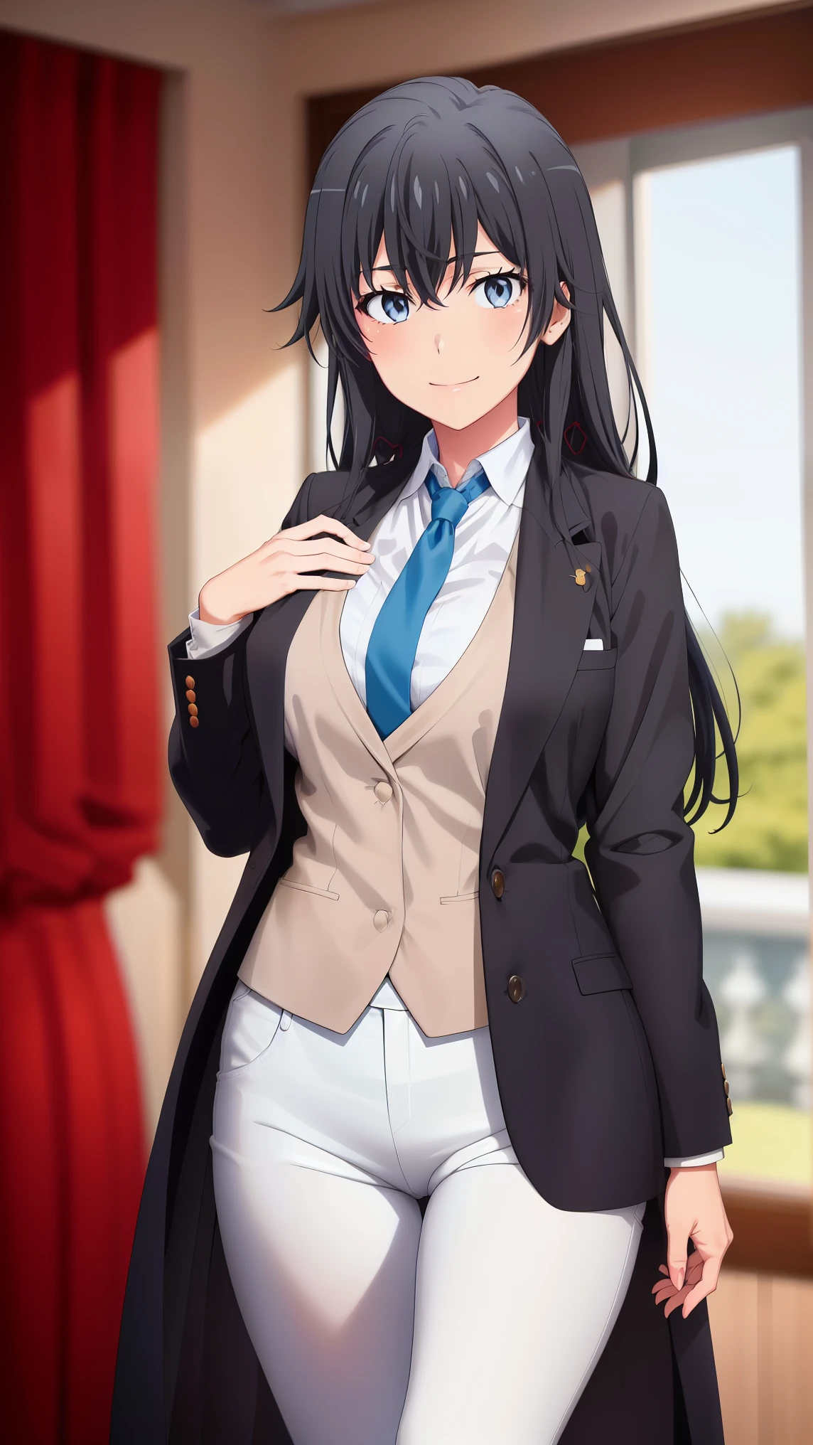 ((best quality)), ((masterpiece)), (detailed) 1girl, blurry, blurry_background, breasts, , hair_long looking_at_viewer, open_hand, Yukinoshita Yukino ,Woman wearing butler clothes, An attractive tailcoat stands  in the room , blue necktie, Black hair, eyes blue, long hair, smile , collared shirt, white pants, white shirt , Yukinoshita Yukino wears an evening coat with white pants, a button-up shirt, and a blue tie. She has a beautiful feminine figure, and the coat touches her curves with an attractive smile. An elegant girl look like a prince.