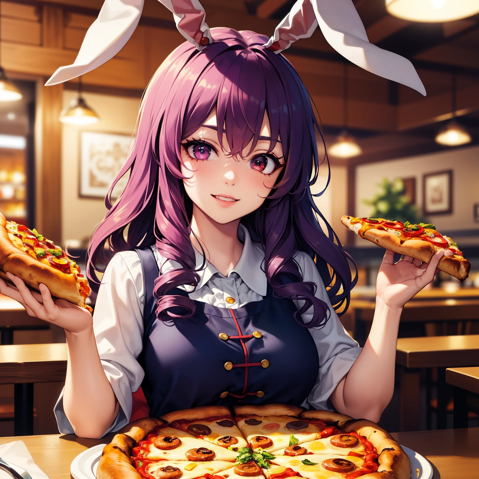 reisen_udongein_inaba_touhou with curly hair,(4k,highres,best quality:1.2),beautiful detailed eyes,detailed eyebrows,beautiful detailed lips,extremely detailed eyes and face,longeyelashes,1girl,near pizza,delicious pizza,appetizing food,restaurant ambiance,warm lighting,friendly atmosphere,dialetically pleasing,rich colors,distinctive textures,realistic,curly hair bouncing,excitement,happy,casual outfit,stylish,energetic pose,positive expression