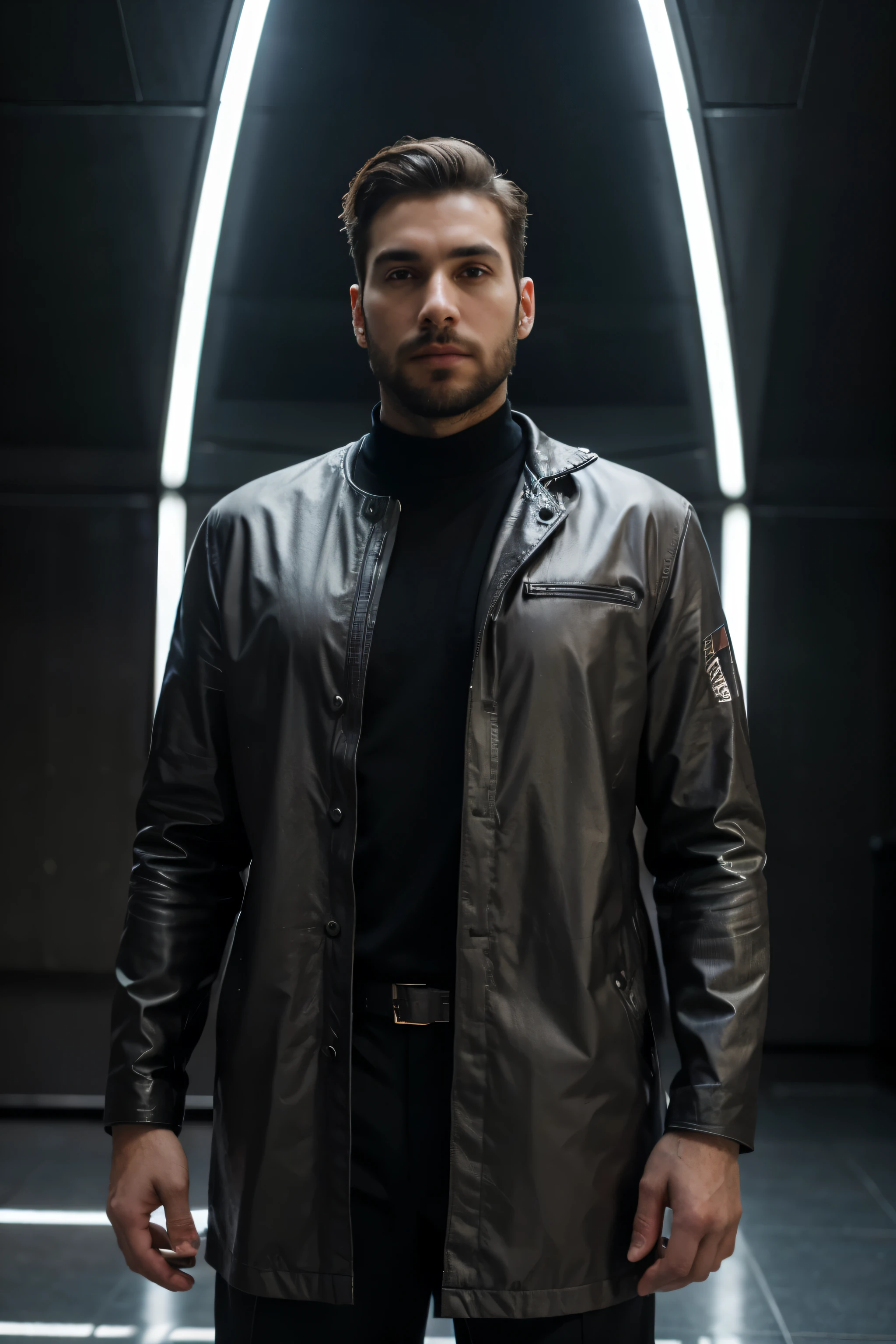 En un mundo futurista, A 30-year-old man with a perfectly groomed beard stands in front of an elegant, metal building. Su barba es una mezcla de colores vibrantes., Reflecting the advanced technology and diversity of this society.. La postura segura del hombre y sus rasgos afilados se representan en un atrevido, Graphic Style, making it stand out in the futuristic context. This image is a unique and visually striking representation of a modern man with a touch of old world charm..