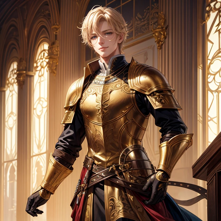 fantastic art of a beautiful male,knight,25yo,gold hair,beautiful gold eyes,smile,young,ikemen,noble,top quality,best picture quality,super masterpiece,super detailed,detailed light,fantastic atmosphere,very delicate and beautiful,highly detailed digital painting,cinematic lighting,8k