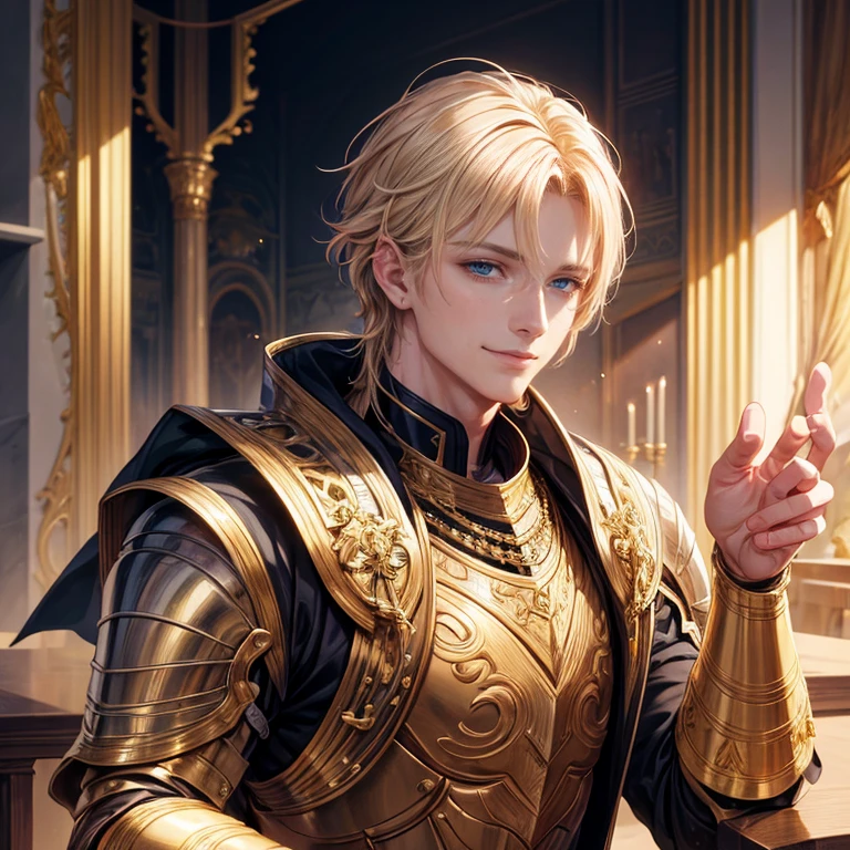 fantastic art of a beautiful male,knight,25yo,gold hair,beautiful gold eyes,smile,young,ikemen,noble,top quality,best picture quality,super masterpiece,super detailed,detailed light,fantastic atmosphere,very delicate and beautiful,highly detailed digital painting,cinematic lighting,8k