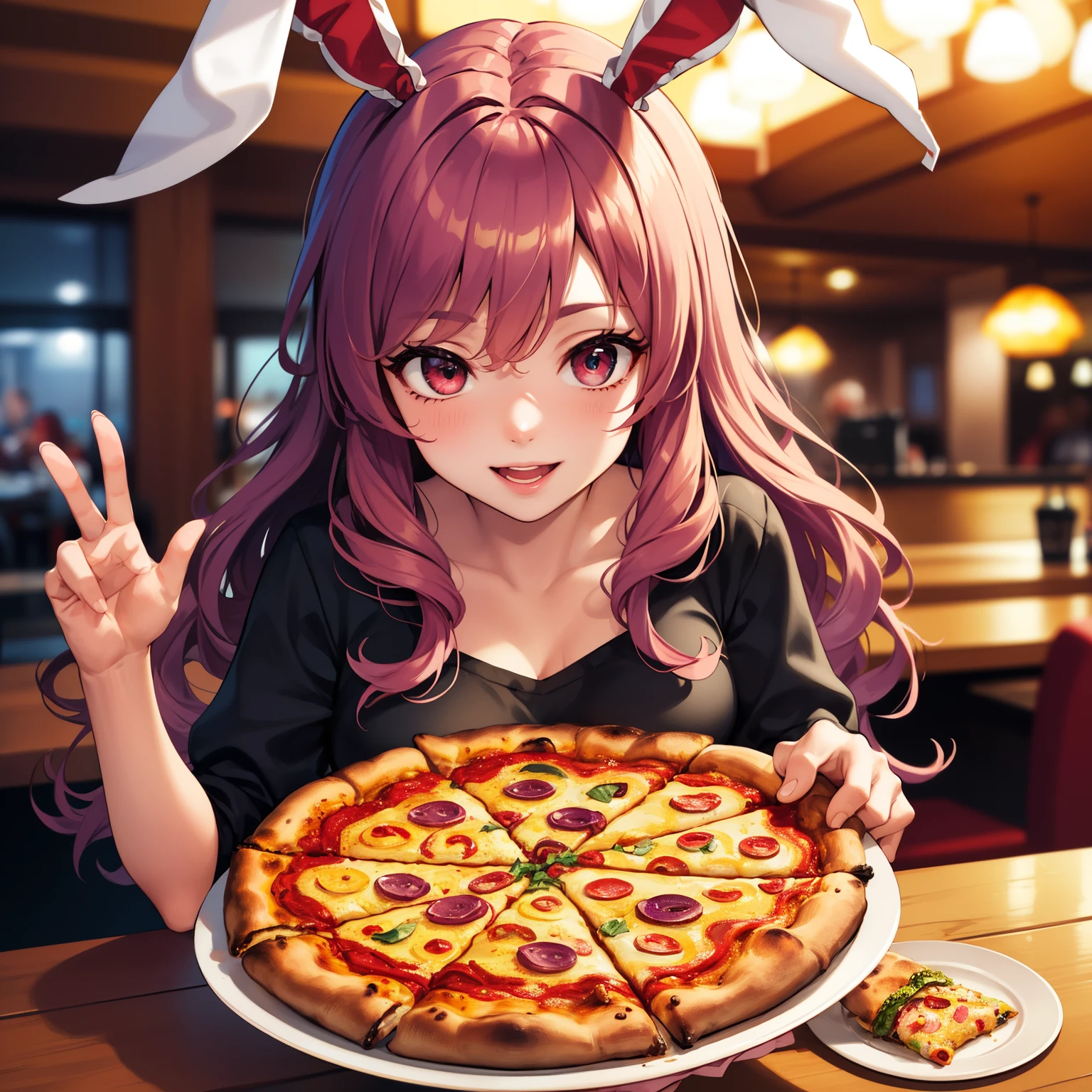 reisen_udongein_inaba_touhou with curly hair,(4k,highres,best quality:1.2),beautiful detailed eyes,detailed eyebrows,beautiful detailed lips,extremely detailed eyes and face,longeyelashes,1girl,near pizza,delicious pizza,appetizing food,restaurant ambiance,warm lighting,friendly atmosphere,dialetically pleasing,rich colors,distinctive textures,realistic,curly hair bouncing,excitement,happy,casual outfit,stylish,energetic pose,positive expression