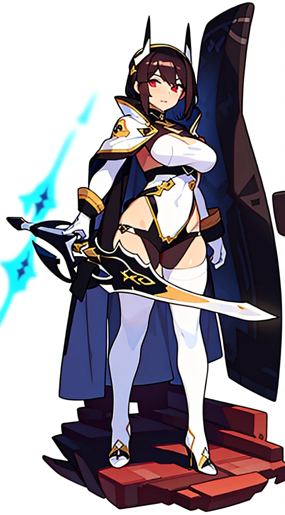 solo woman, (((blurry background, white background))), character focus, fantasy clothes, standing, full body, holding weapon, thong,